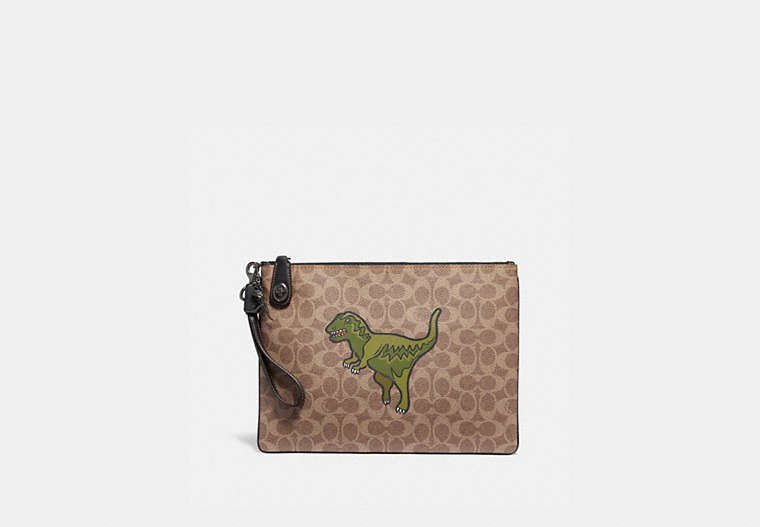 COACH®,TURNLOCK POUCH IN SIGNATURE CANVAS WITH REXY,pvc,KHAKI,Front View image number 0