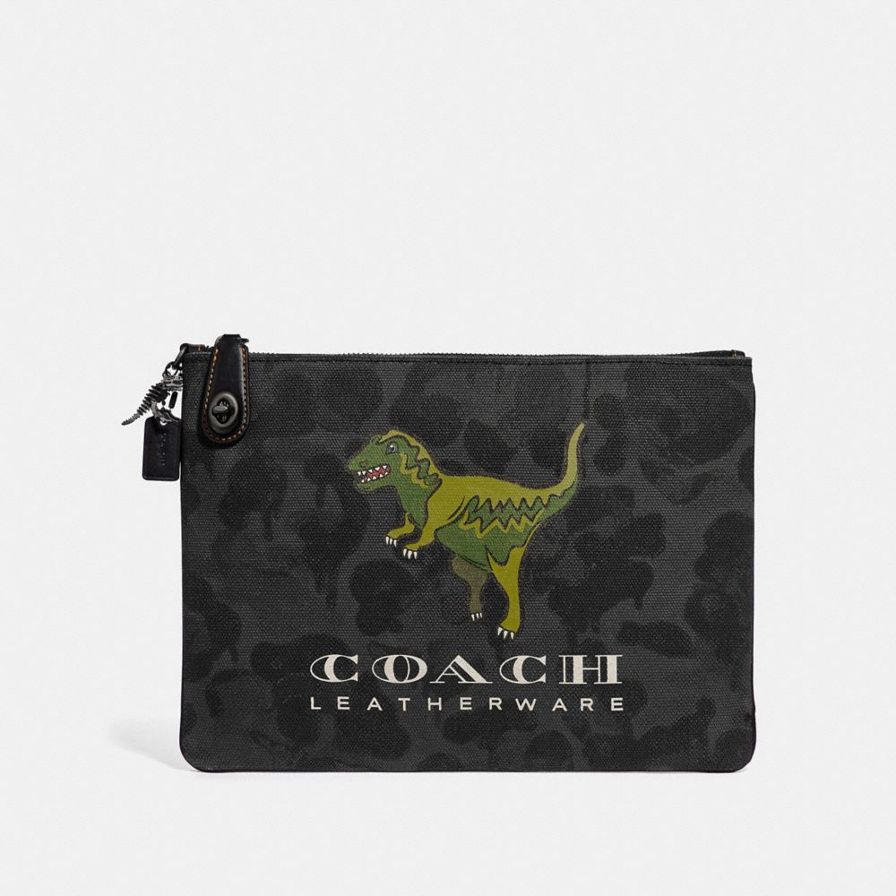 COACH®,TURNLOCK POUCH WITH REXY,Leather,GRAPHITE,Front View