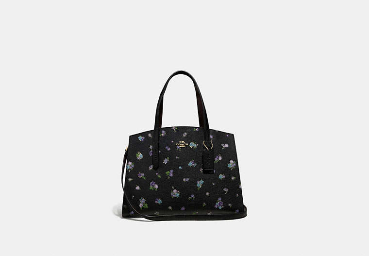 COACH®,CHARLIE CARRYALL WITH FLORAL PRINT,Leather,Large,Gold/Black,Front View
