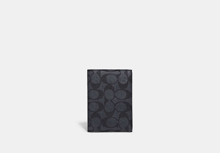 COACH®,BIFOLD CARD CASE IN SIGNATURE CANVAS,pvc,Charcoal,Front View