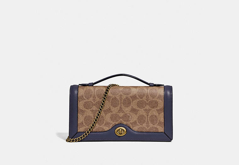 COACH®,RILEY CHAIN CLUTCH IN COLORBLOCK SIGNATURE CANVAS,pvc,Mini,Brass/Tan/Ink,Front View image number 0