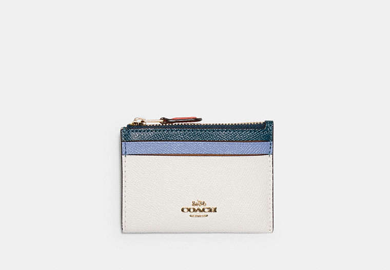 COACH®,MINI SKINNY ID CASE IN COLORBLOCK,Leather,Gold/Chalk Peacock Multi,Front View