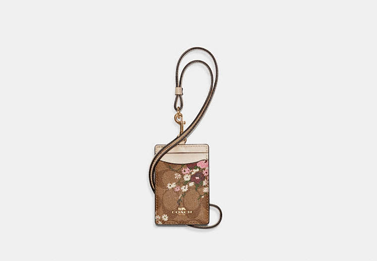 COACH®,ID LANYARD IN SIGNATURE CANVAS WITH EVERGREEN FLORAL PRINT,pvc,Gold/Khaki Multi,Front View