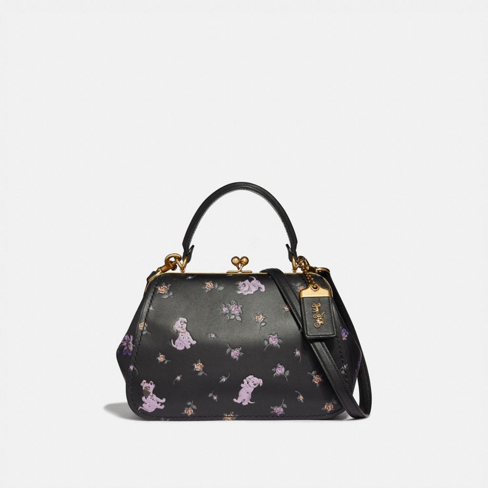 COACH®,DISNEY X COACH FRAME BAG 23 WITH DALMATIAN FLORAL PRINT,Leather,Small,Brass/Black,Front View image number 0