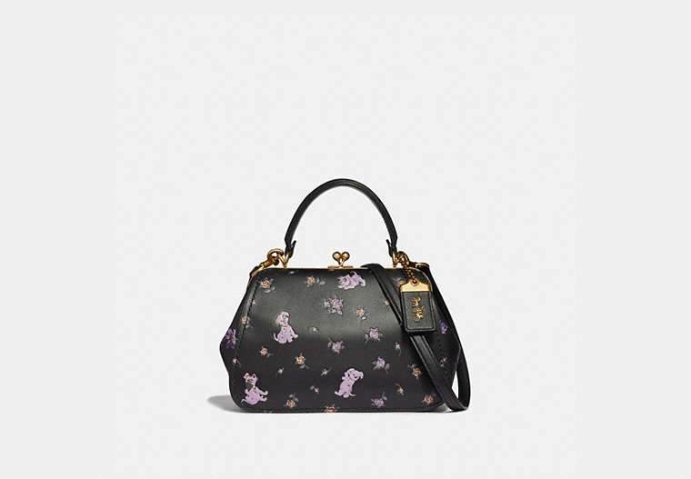 COACH®,DISNEY X COACH FRAME BAG 23 WITH DALMATIAN FLORAL PRINT,Leather,Small,Brass/Black,Front View