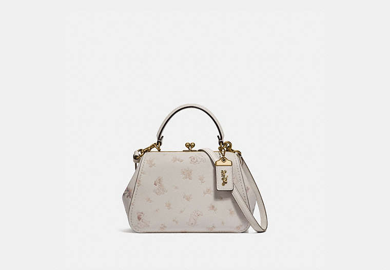COACH®,DISNEY X COACH FRAME BAG 23 WITH DALMATIAN FLORAL PRINT,Leather,Small,Brass/Chalk,Front View