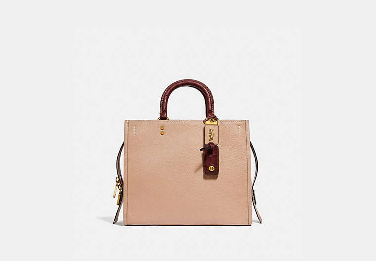 COACH®,ROGUE BAG IN COLORBLOCK WITH OSTRICH DETAIL,Ostrich,Medium,Brass/Beechwood,Front View