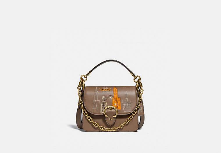 COACH®,COACH X JEAN-MICHEL BASQUIAT BEAT SHOULDER BAG 18,Leather,Small,Brass/Elm,Front View image number 0