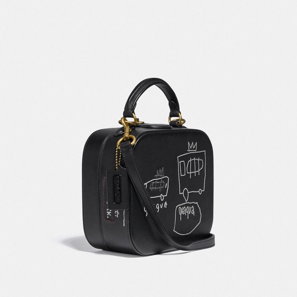 COACH®,COACH X JEAN-MICHEL BASQUIAT SQUARE BAG,Leather,Small,Brass/Black,Angle View