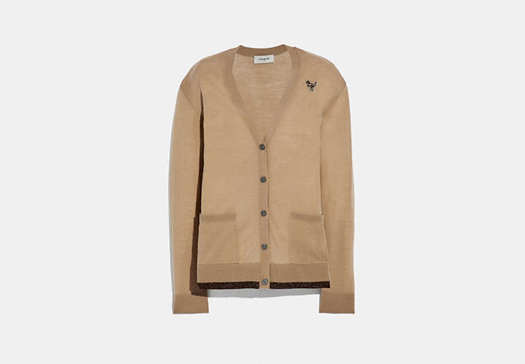 COACH®,REXY PATCH CARDIGAN,wool,Camel,Front View