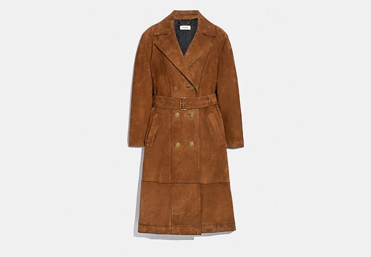 COACH®,SUEDE TRENCH COAT,Suede,Cappuccino,Front View