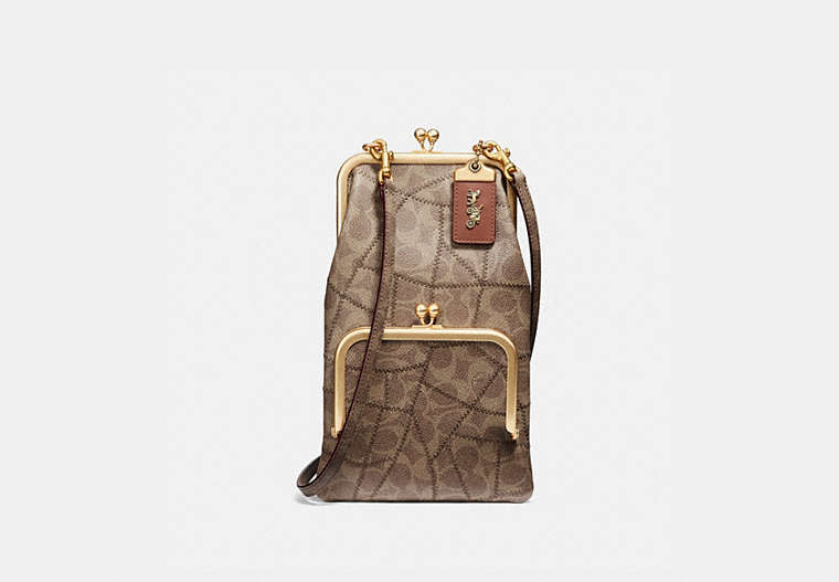 COACH®,DOUBLE FRAME CROSSBODY WITH SIGNATURE PATCHWORK,Coated Canvas,Brass/Tan Light Tan,Front View