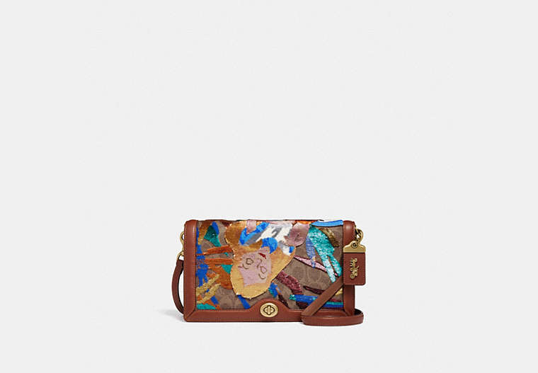 COACH®,DISNEY X COACH SIGNATURE RILEY WITH EMBELLISHED ALICE,Coated Canvas,Small,Brass/Tan/Rust,Front View image number 0