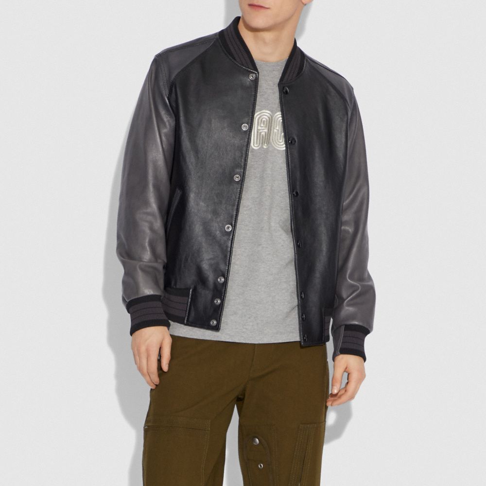 Coach leather shop baseball jacket