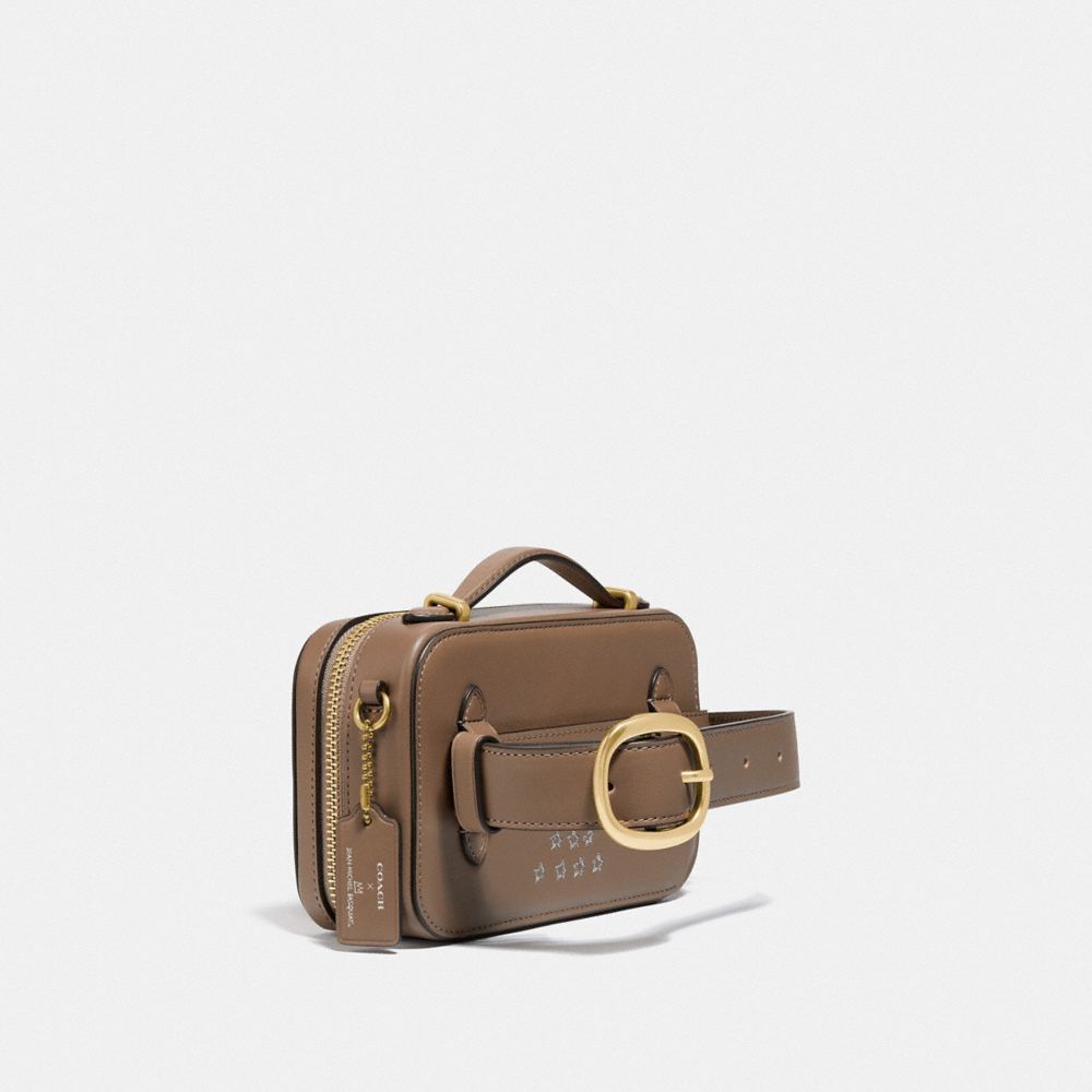 COACH®,COACH X JEAN-MICHEL BASQUIAT ALIE BELT BAG,Leather,Mini,Brass/Elm,Angle View