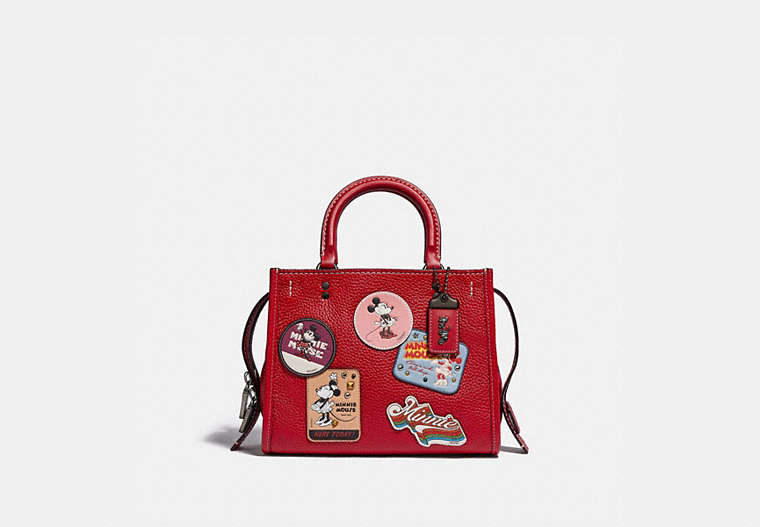 COACH®,DISNEY X COACH ROGUE BAG 25 WITH PATCHES,Pebble Leather/Smooth Leather,Medium,Pewter/1941 Red,Front View