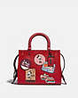 COACH®,DISNEY X COACH ROGUE 25 WITH PATCHES,Pebble Leather/Smooth Leather,Medium,Pewter/1941 Red,Front View
