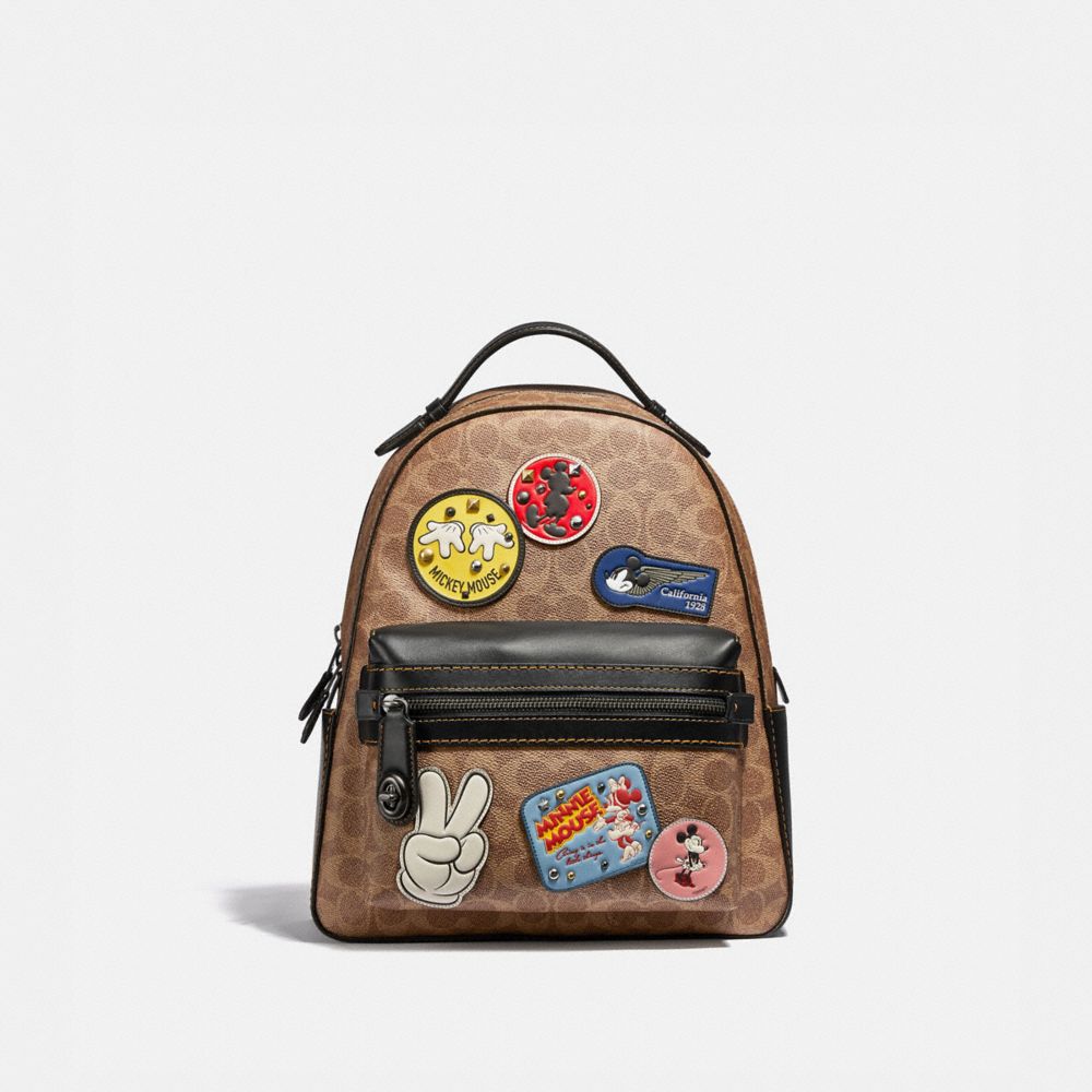COACH®,DISNEY X COACH CAMPUS BACKPACK IN SIGNATURE CANVAS WITH PATCHES,pvc,Large,Pewter/Tan Black Multi,Front View