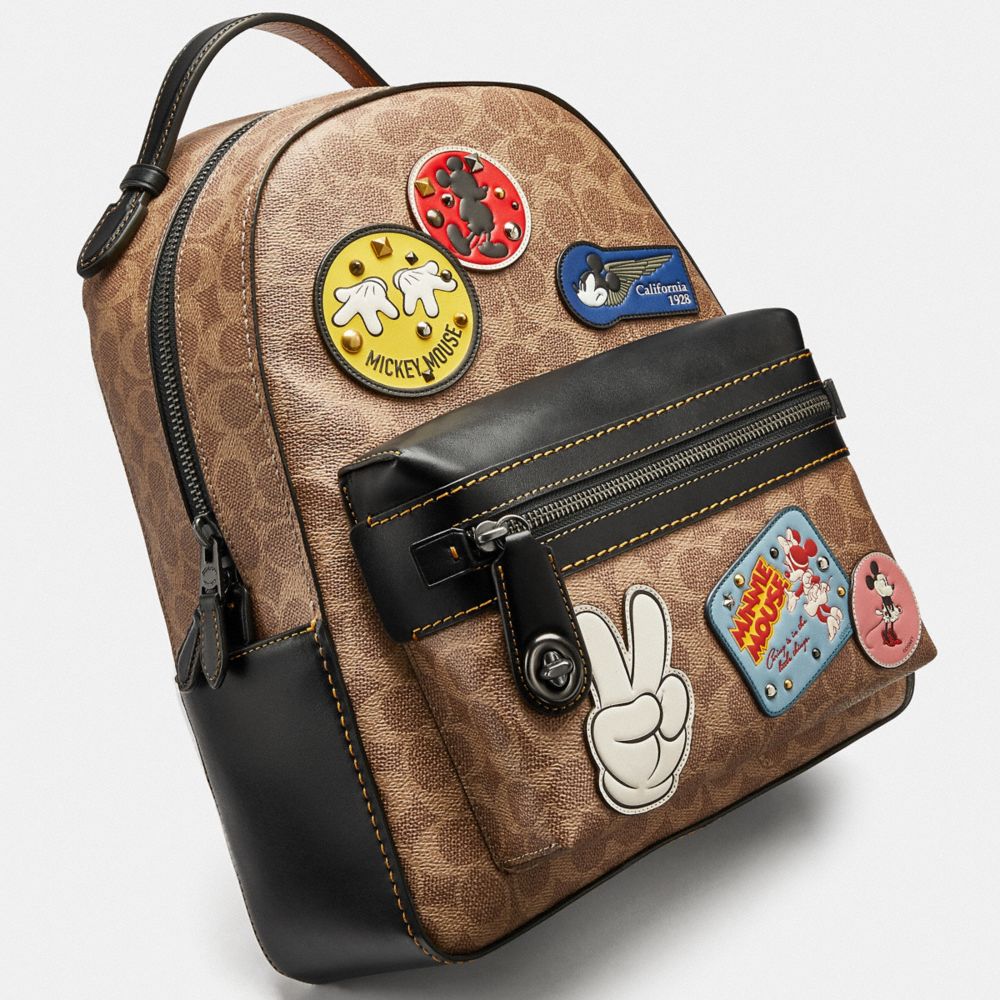 COACH®,DISNEY X COACH CAMPUS BACKPACK IN SIGNATURE CANVAS WITH PATCHES,pvc,Large,Pewter/Tan Black Multi,Closer View