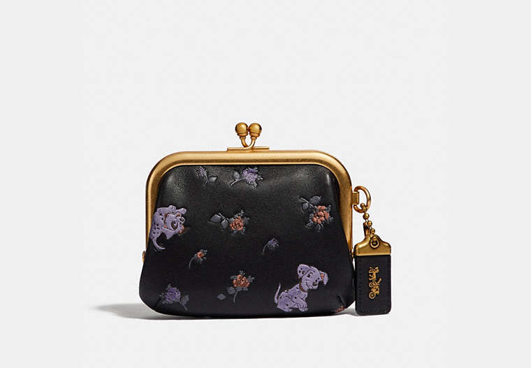 COACH®,DISNEY X COACH KISSLOCK FRAME POUCH WITH DISNEY MOTIF,Smooth Leather,Brass/Black,Front View