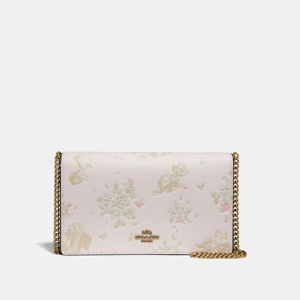 COACH®,DISNEY X COACH CALLIE FOLDOVER CHAIN CLUTCH WITH DISNEY MOTIF,Leather,Mini,Brass/Chalk,Front View