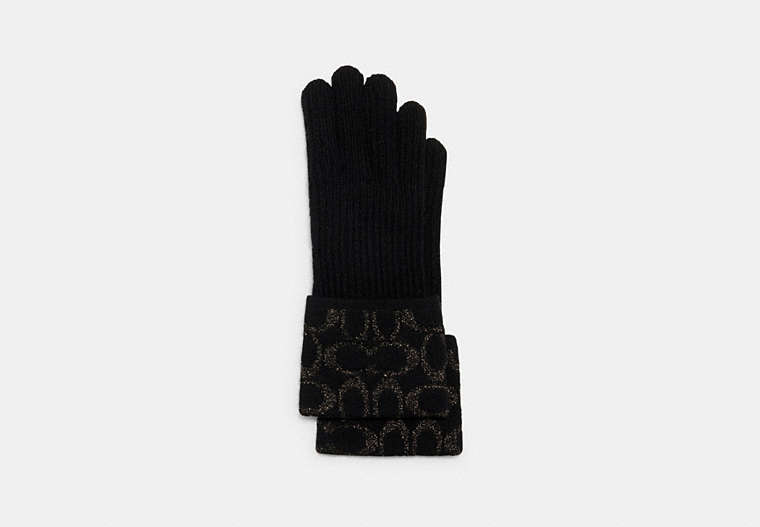 COACH®,SIGNATURE KNIT TECH GLOVES,wool,Black,Front View