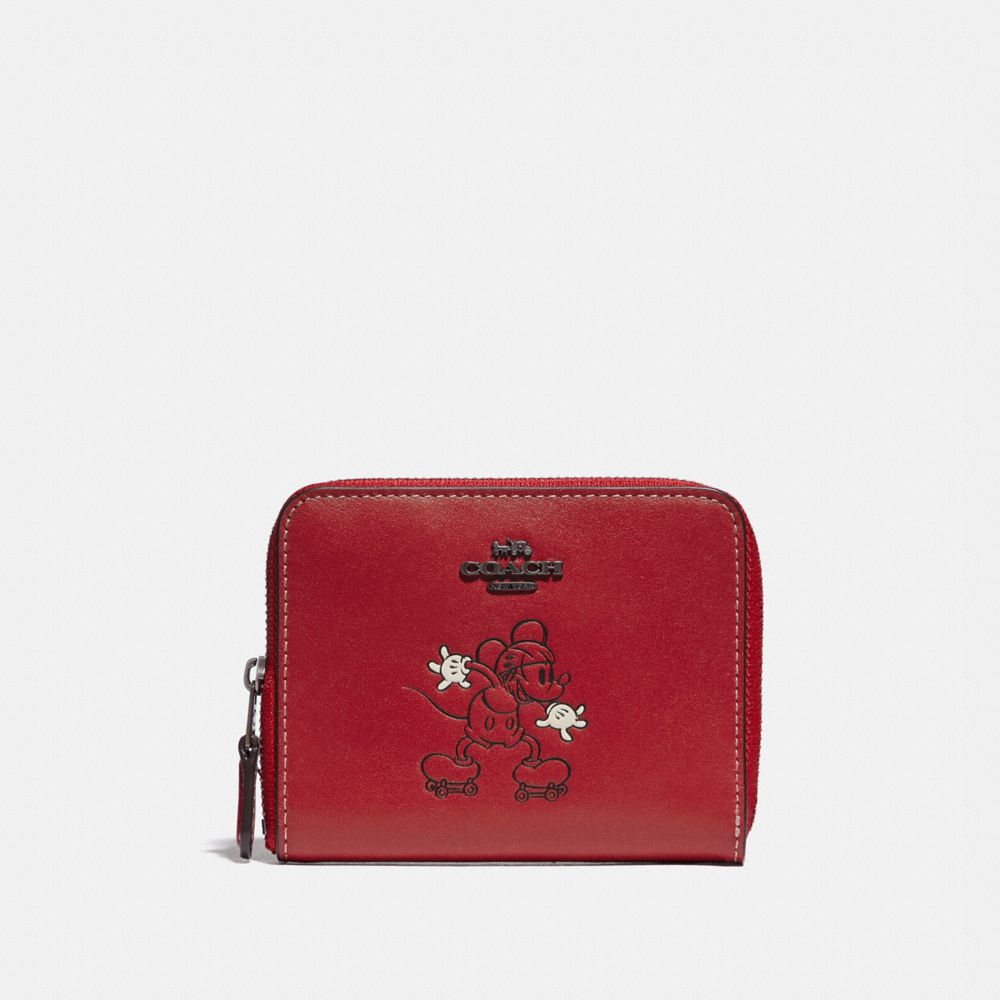 COACH®,DISNEY X COACH SMALL ZIP AROUND WALLET WITH DISNEY MOTIF,Smooth Leather,Mini,Pewter/1941 Red,Front View