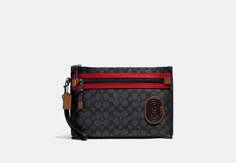 COACH®,ACADEMY POUCH IN SIGNATURE CANVAS WITH COACH PATCH,Coated Canvas,Charcoal,Front View