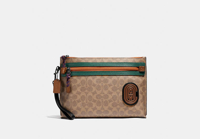 COACH®,ACADEMY POUCH IN SIGNATURE CANVAS WITH COACH PATCH,Coated Canvas,KHAKI,Front View image number 0