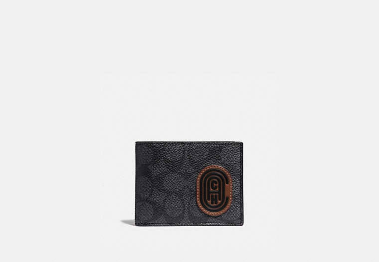 COACH®,SLIM BILLFOLD WALLET IN SIGNATURE CANVAS WITH COACH PATCH,pvc,Charcoal,Front View