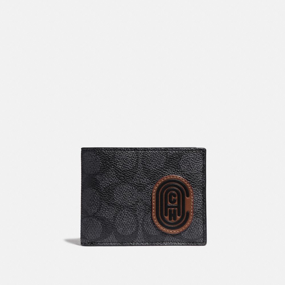 COACH®,SLIM BILLFOLD WALLET IN SIGNATURE CANVAS WITH COACH PATCH,pvc,Charcoal/Deep Sky,Front View