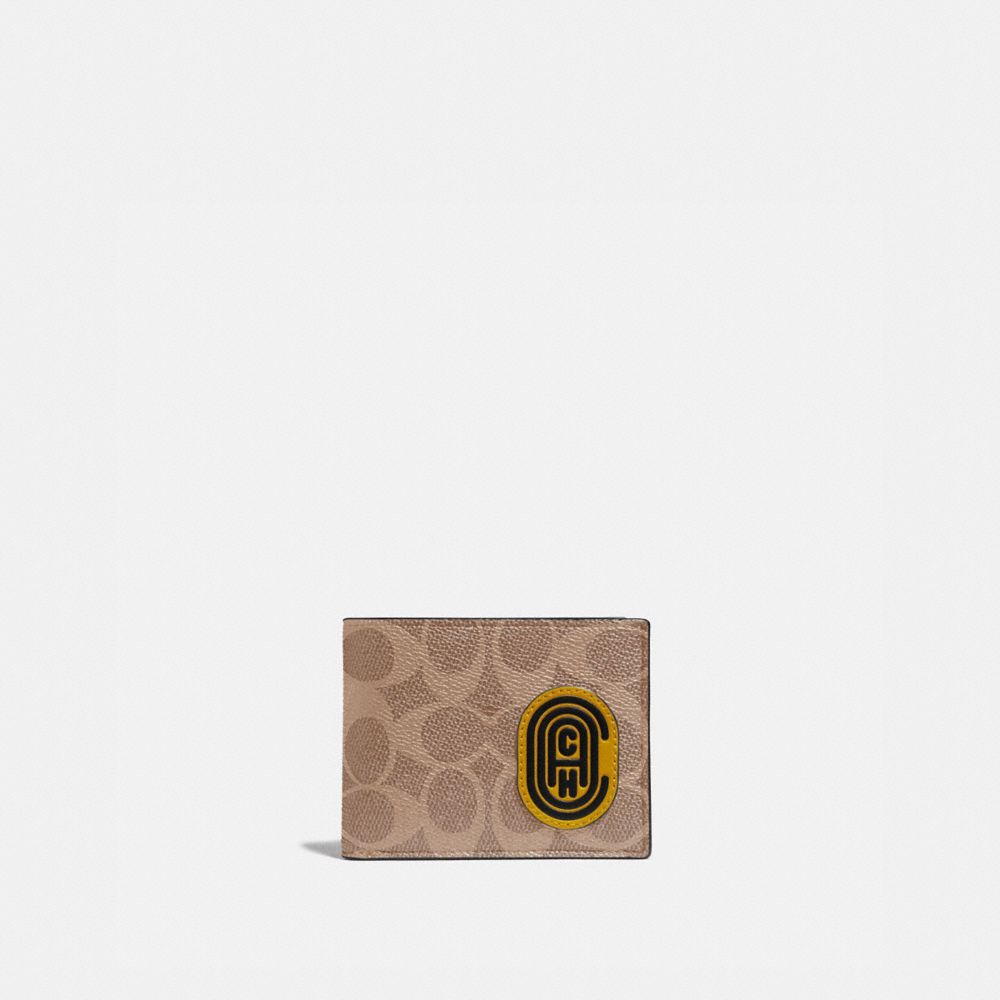 COACH®,SLIM BILLFOLD WALLET IN SIGNATURE CANVAS WITH COACH PATCH,pvc,Khaki/Flax,Front View