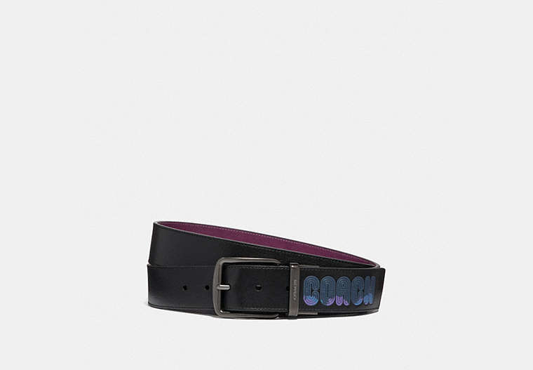 COACH®,HARNESS BUCKLE BELT WITH COACH PRINT, 40MM,Leather,Plum,Front View