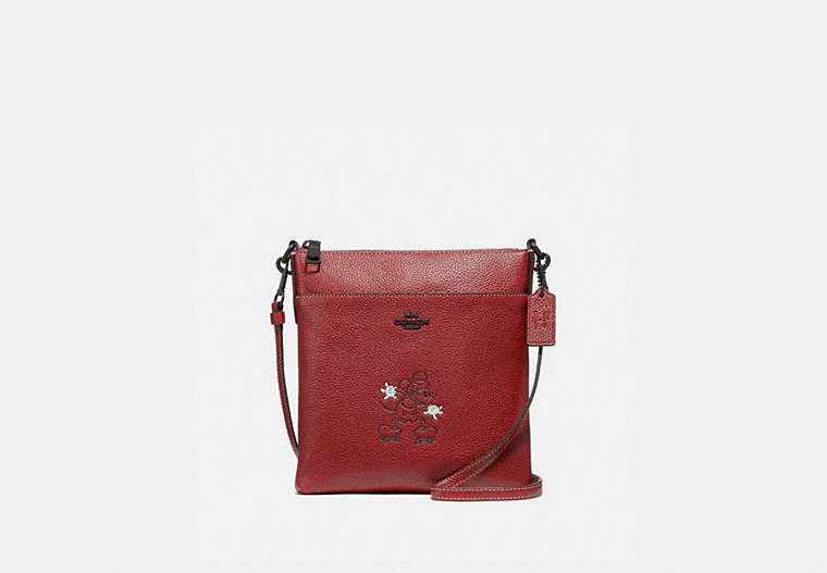 COACH®,DISNEY X COACH KITT MESSENGER CROSSBODY BAG WITH DISNEY MOTIF,Leather,Small,Pewter/1941 Red,Front View