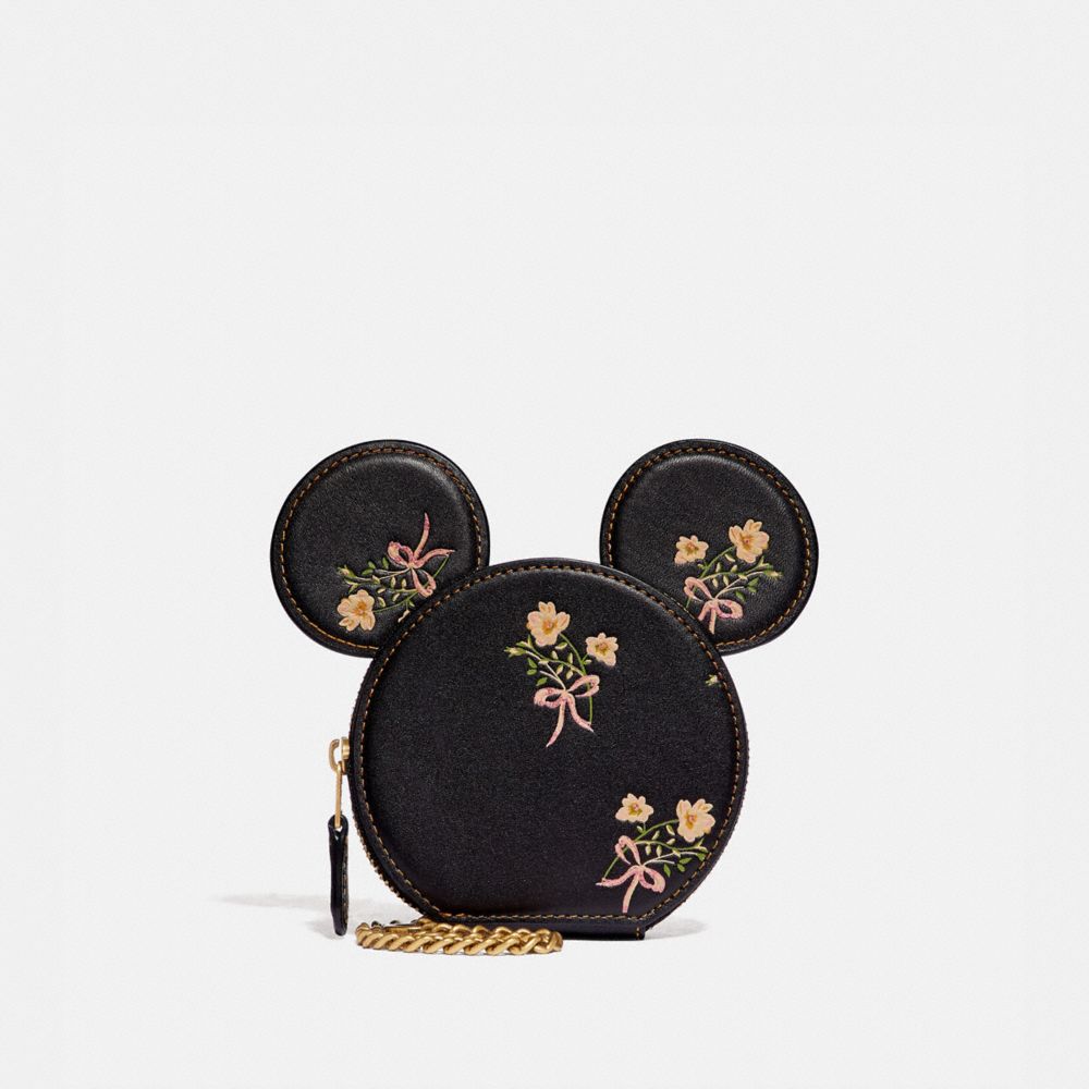 COACH®,DISNEY X COACH MINNIE MOUSE COIN CASE WITH FLORAL PRINT,Smooth Leather,Brass/Black,Front View