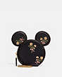 COACH®,DISNEY X COACH MINNIE MOUSE COIN CASE WITH FLORAL PRINT,Smooth Leather,Brass/Black,Front View