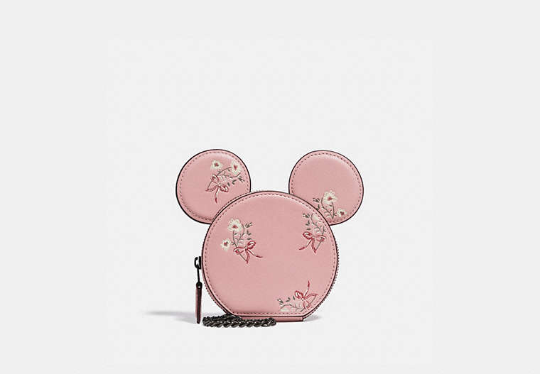 COACH®,DISNEY X COACH MINNIE MOUSE COIN CASE WITH FLORAL PRINT,Smooth Leather,Pewter/Blossom,Front View