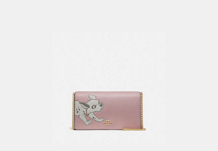 COACH®,DISNEY X COACH CALLIE FOLDOVER CHAIN CLUTCH WITH DALMATIAN,Leather,Mini,Gold/Blossom,Front View