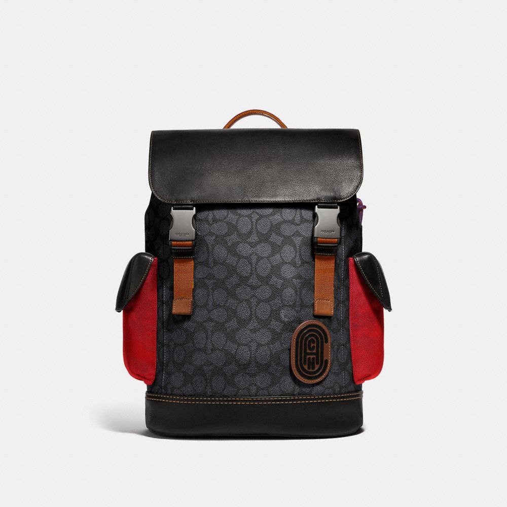 COACH®,RIVINGTON BACKPACK IN SIGNATURE CANVAS WITH COACH PATCH,Coated Canvas,X-Large,Black Copper/Charcoal,Front View