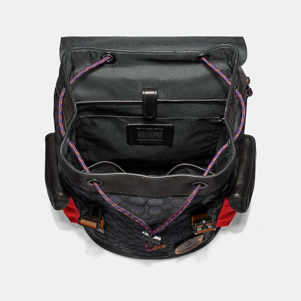 COACH®,RIVINGTON BACKPACK IN SIGNATURE CANVAS WITH COACH PATCH,Coated Canvas,X-Large,Black Copper/Charcoal,Inside View,Top View