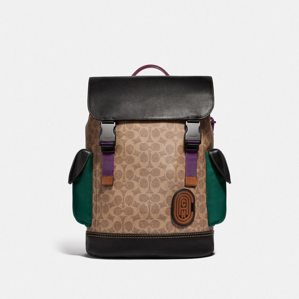 COACH®,RIVINGTON BACKPACK IN SIGNATURE CANVAS WITH COACH PATCH,Coated Canvas,X-Large,Black Copper/Khaki,Front View