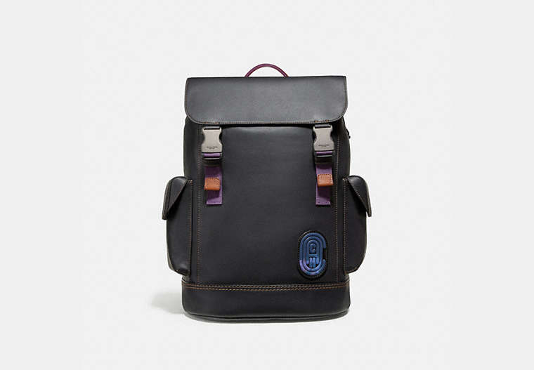 COACH®,RIVINGTON BACKPACK WITH COACH PATCH,Leather,Large,Black Copper Finish/Black/Black,Front View image number 0