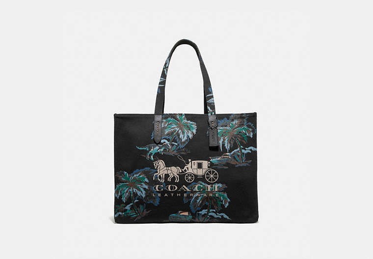 COACH®,TOTE 42 WITH HORSE AND CARRIAGE,cotton,Large,Black Copper/Black Navy Dino Palm,Front View