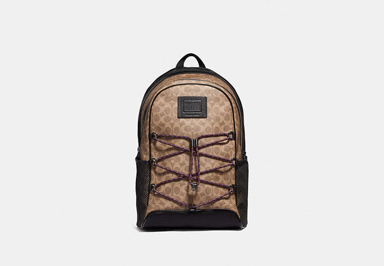 COACH®,ACADEMY SPORT BACKPACK IN SIGNATURE CANVAS,Coated Canvas,Large,Black Copper/Khaki,Front View