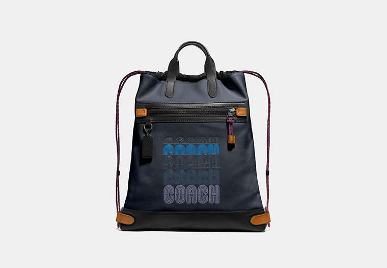 COACH®,ACADEMY DRAWSTRING BACKPACK IN COLORBLOCK,Leather,Medium,Midnight Navy/Black Copper,Front View