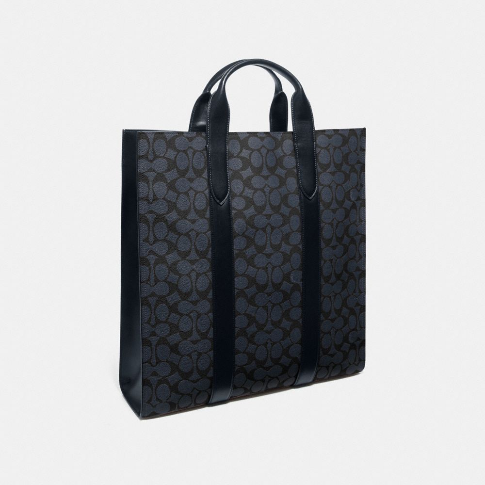 COACH®,METROPOLITAN SOFT VERTICAL TOTE IN SIGNATURE CANVAS,Coated Canvas,Large,Black Antique Nickel/Midnight Navy,Angle View
