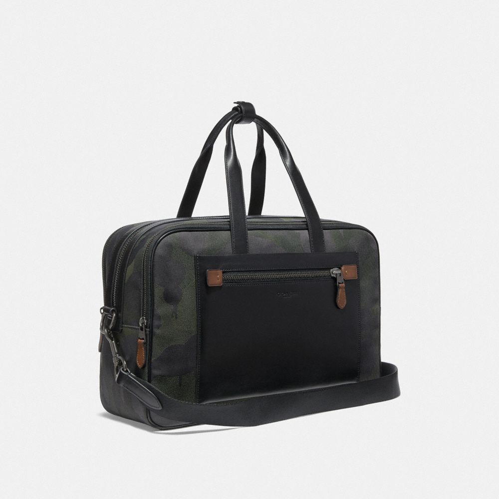 COACH®,ACADEMY TRAVEL DUFFLE WITH CAMO PRINT,Mixed Material,Military Wild Beast/Black Copper,Angle View