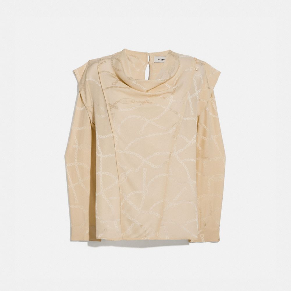 COACH®,CHAIN JACQUARD COWL NECK BLOUSE,Silk,Cream,Front View