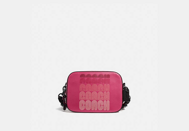 COACH®,CAMERA BAG WITH COACH PRINT,Leather,Small,Gunmetal/Bright Cherry Multi,Front View image number 0