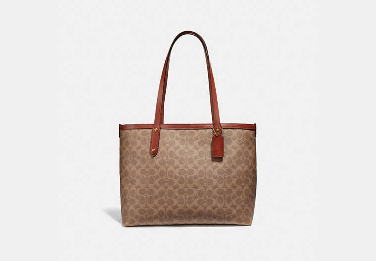 COACH®,CENTRAL TOTE WITH ZIP IN SIGNATURE CANVAS,pvc,X-Large,Brass/Tan/Rust,Front View